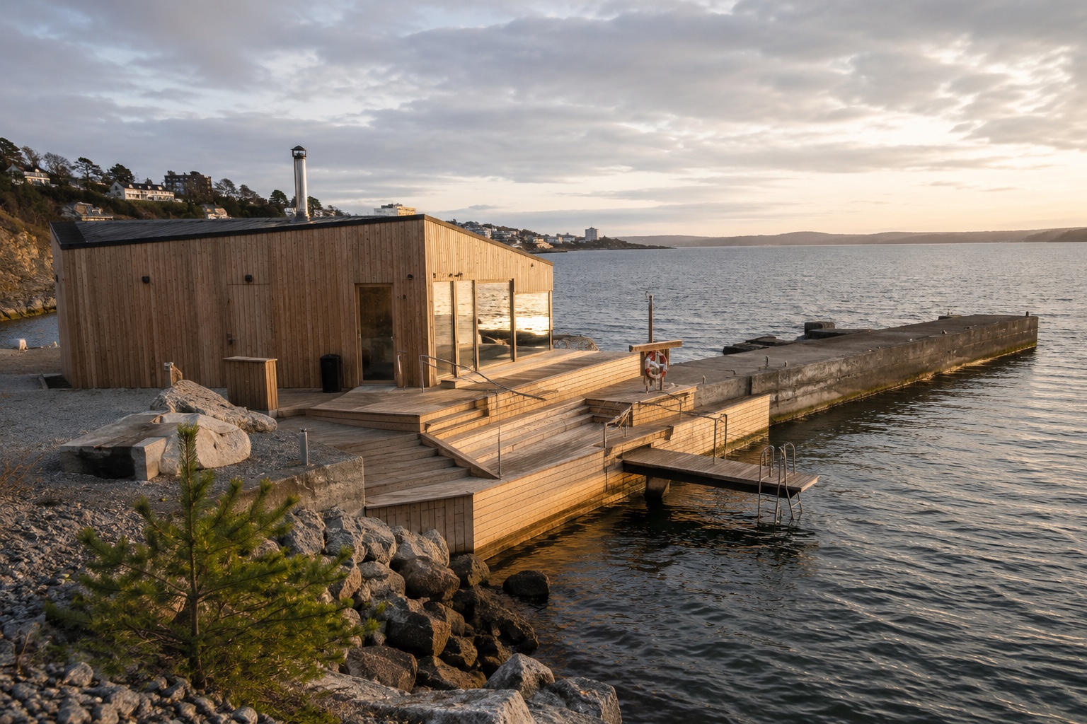 Moderne trebadstue med brygge og direkte tilgang til sjøen