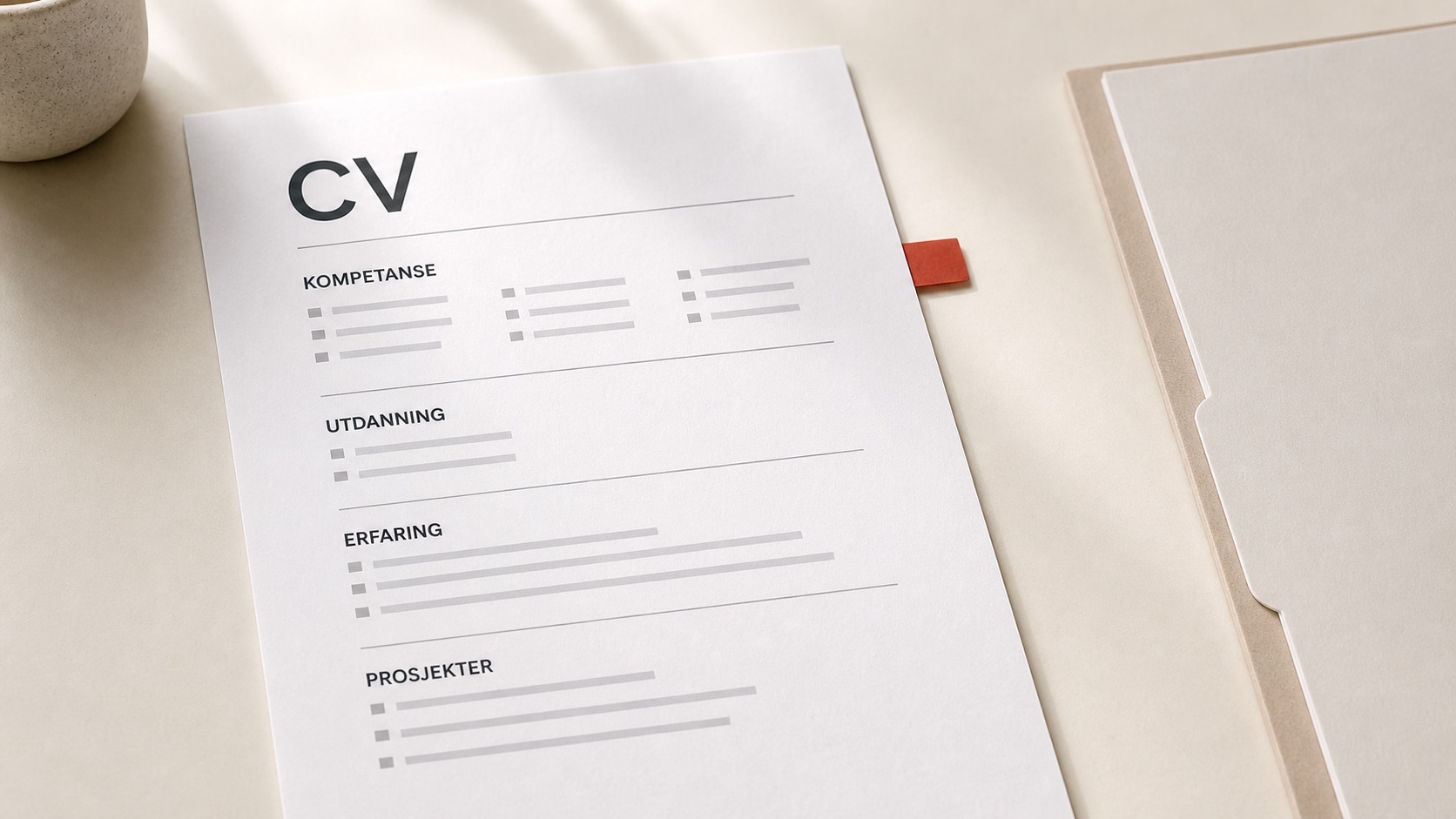 Illustrasjon av CV med kompetanse, utdanning, erfaring og prosjekter