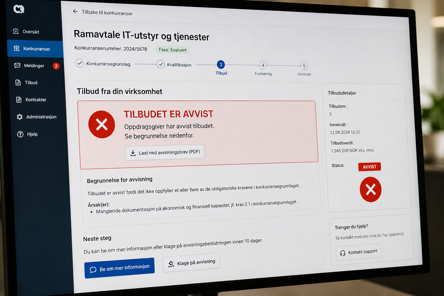 Digital konkurransegjennomføring med beskjed om at tilbudet er avvist