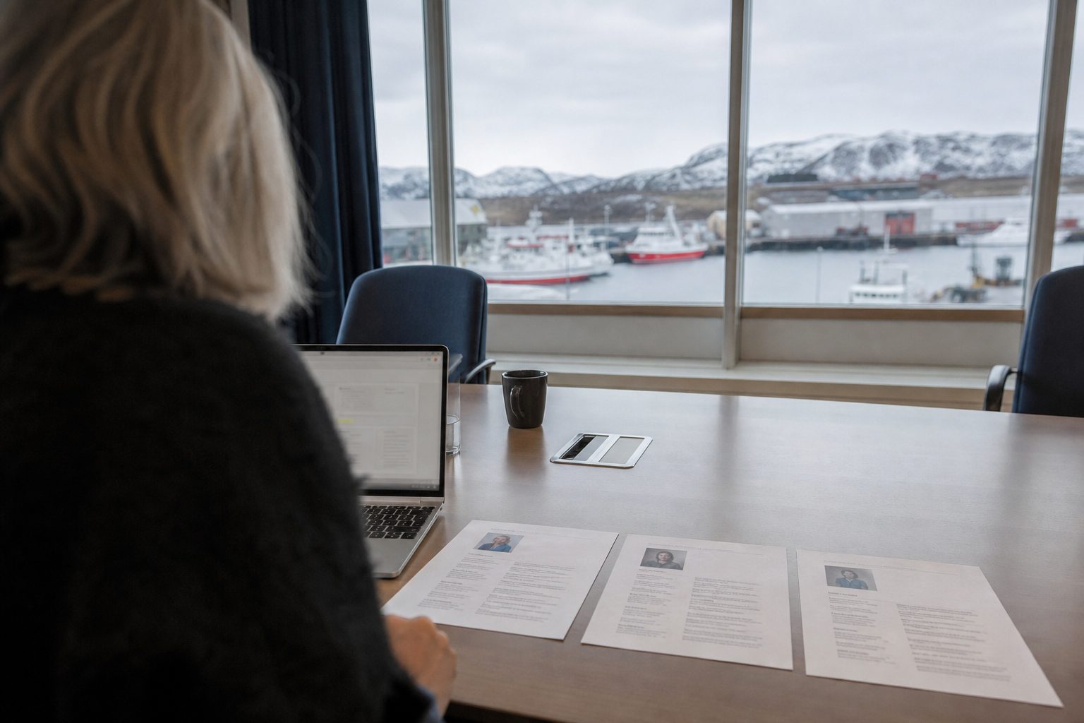 Et møterom på et kommunehus i en liten kystkommune i Finnmark.