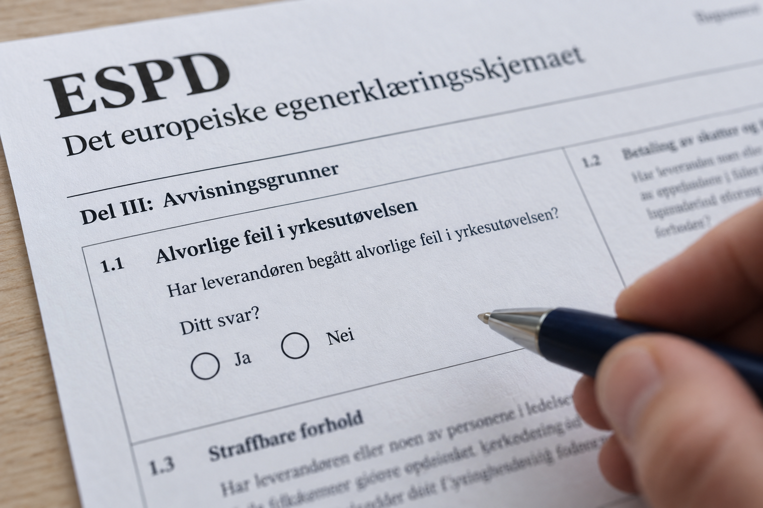 Nærbilde av ESPD-egenerklæringsskjemaet med spørsmålet om alvorlige feil i yrkesutøvelsen og svaralternativene Ja og Nei.