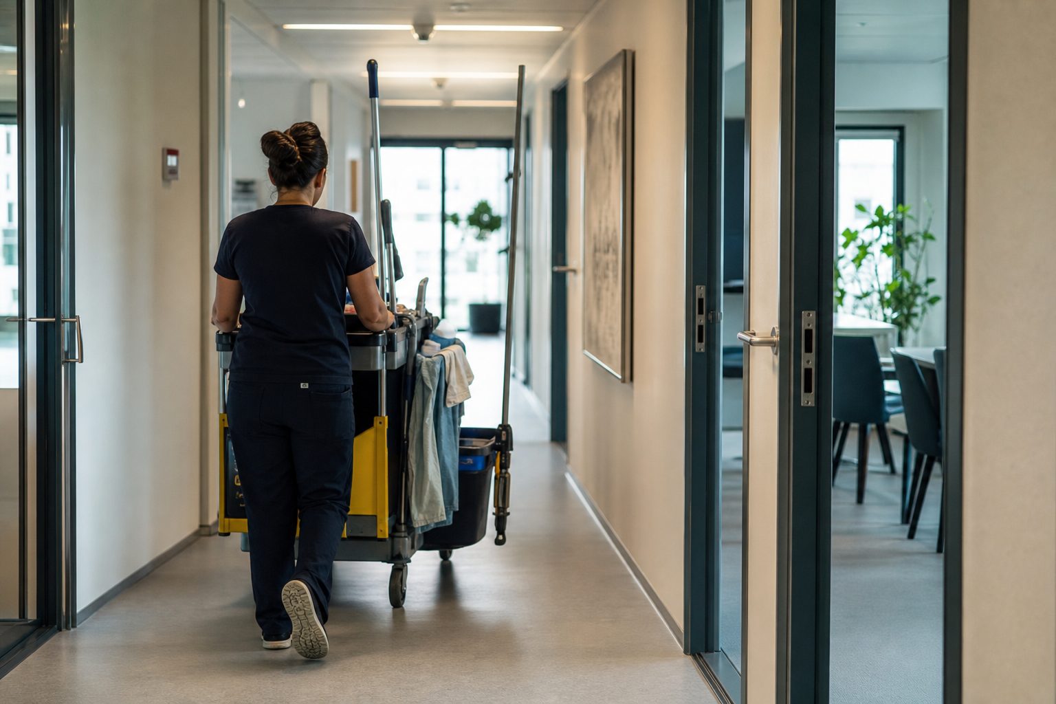 Redaksjonelt foto av en renholder med rengjøringsvogn i en kommunal kontorkorridor, med arbeidsutstyr og rommene som skal rengjøres tydelig i bildet.