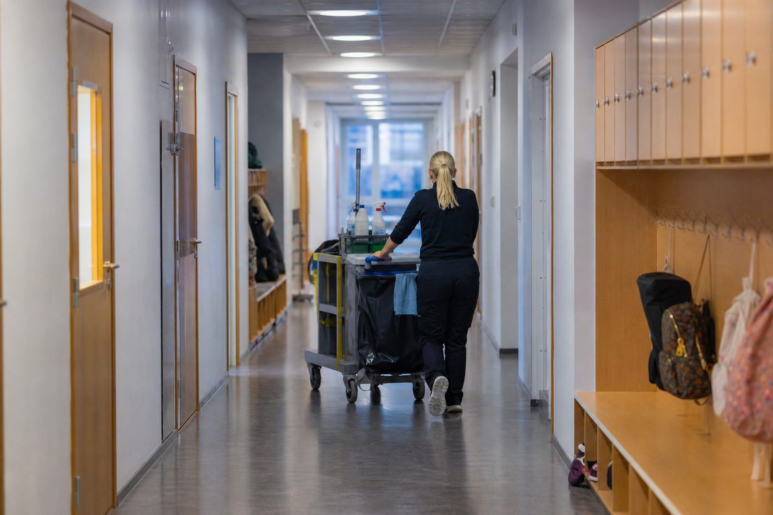 En renholder skyver en rengjøringsvogn gjennom en tom korridor på en kommunal skole, med klasseromsdører og garderober synlige.