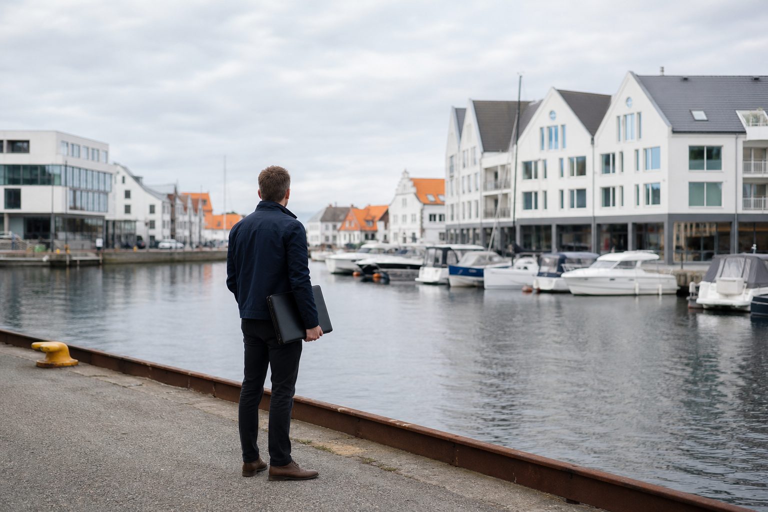 En prosjektmedarbeider står på kaikanten ved indre Vågen i Sandnes og ser utover vannflaten med en lukket tegningsmappe under armen.