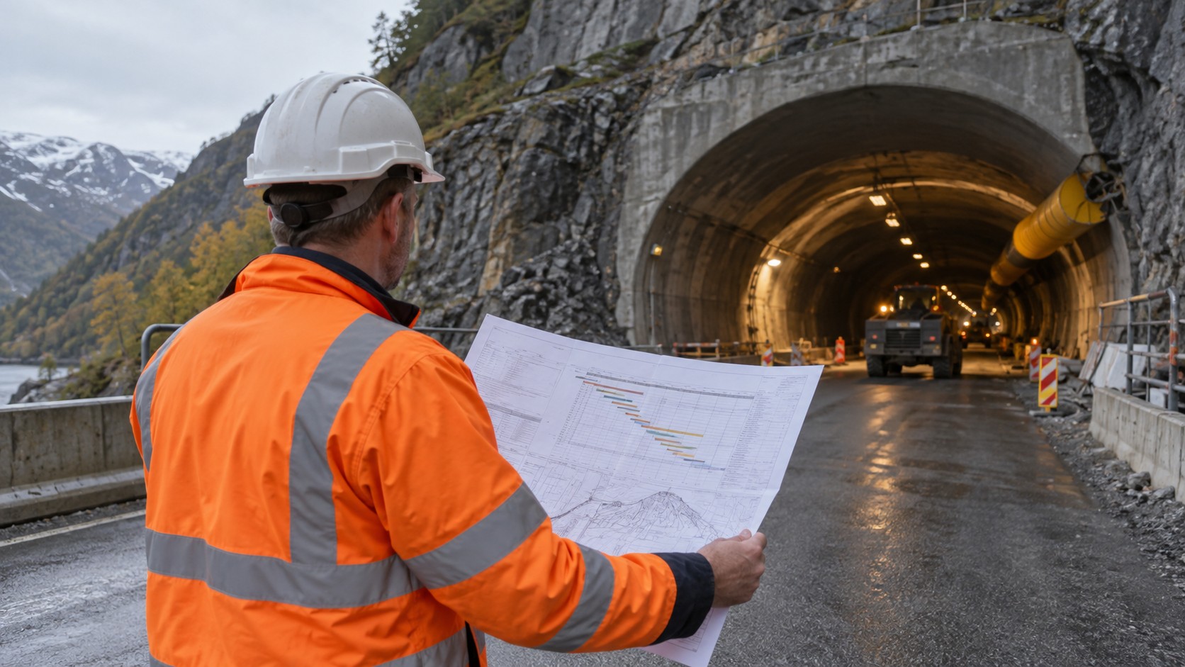 Anleggsleder med fremdriftsplan foran en tunnel under oppgradering.