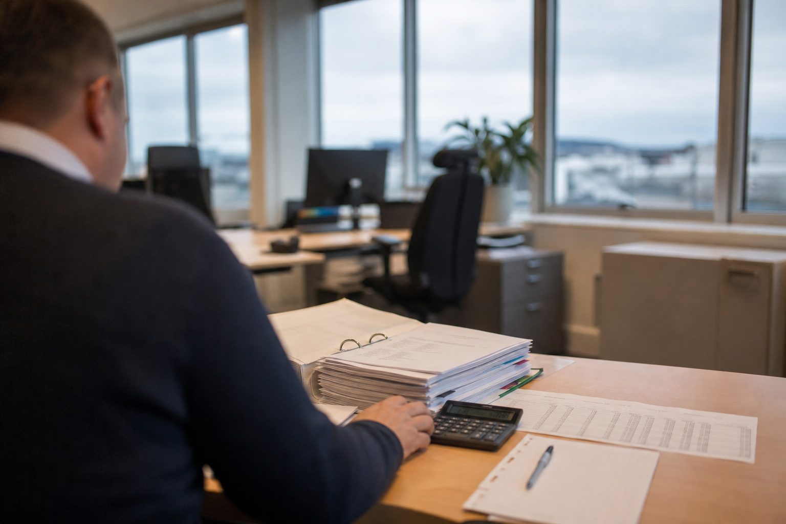 En leverandør sitter ved et skrivebord i et nøkternt norsk kontorlandskap med en tykk perm med tilbudsdokumenter, en kalkulator og utskrevne regnskapstall foran seg.
