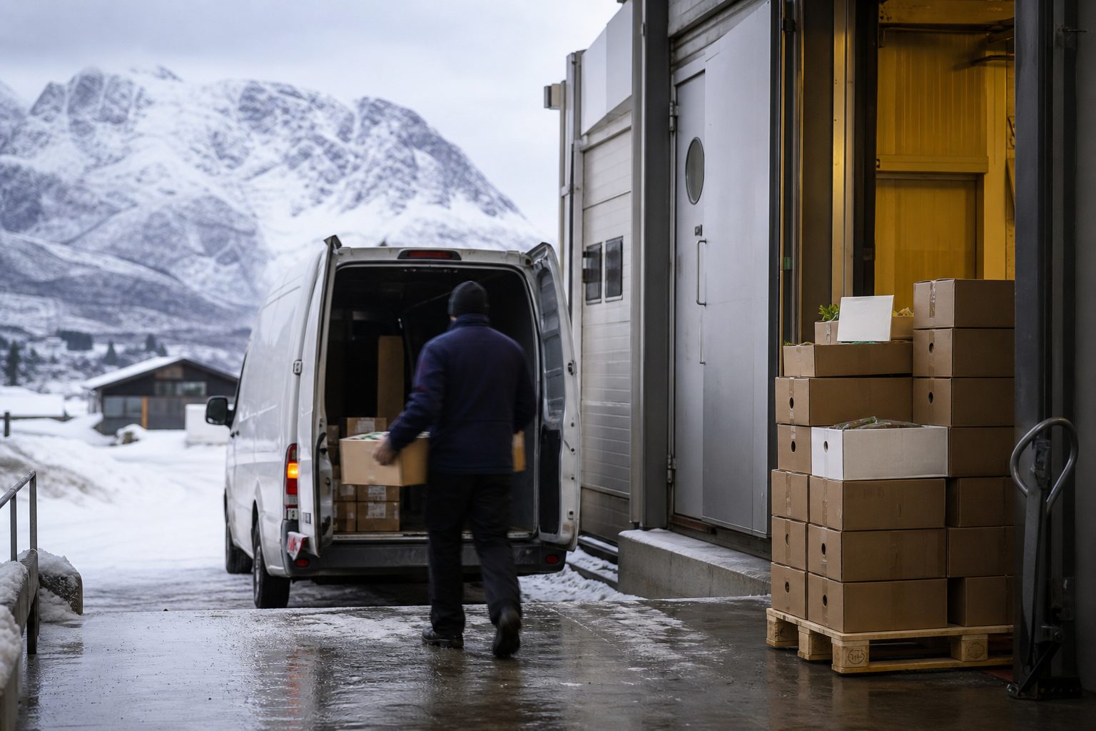 En varebil står parkert ved lasterampen til et kommunalt storkjøkken i Nord-Norge en grå vinterdag.