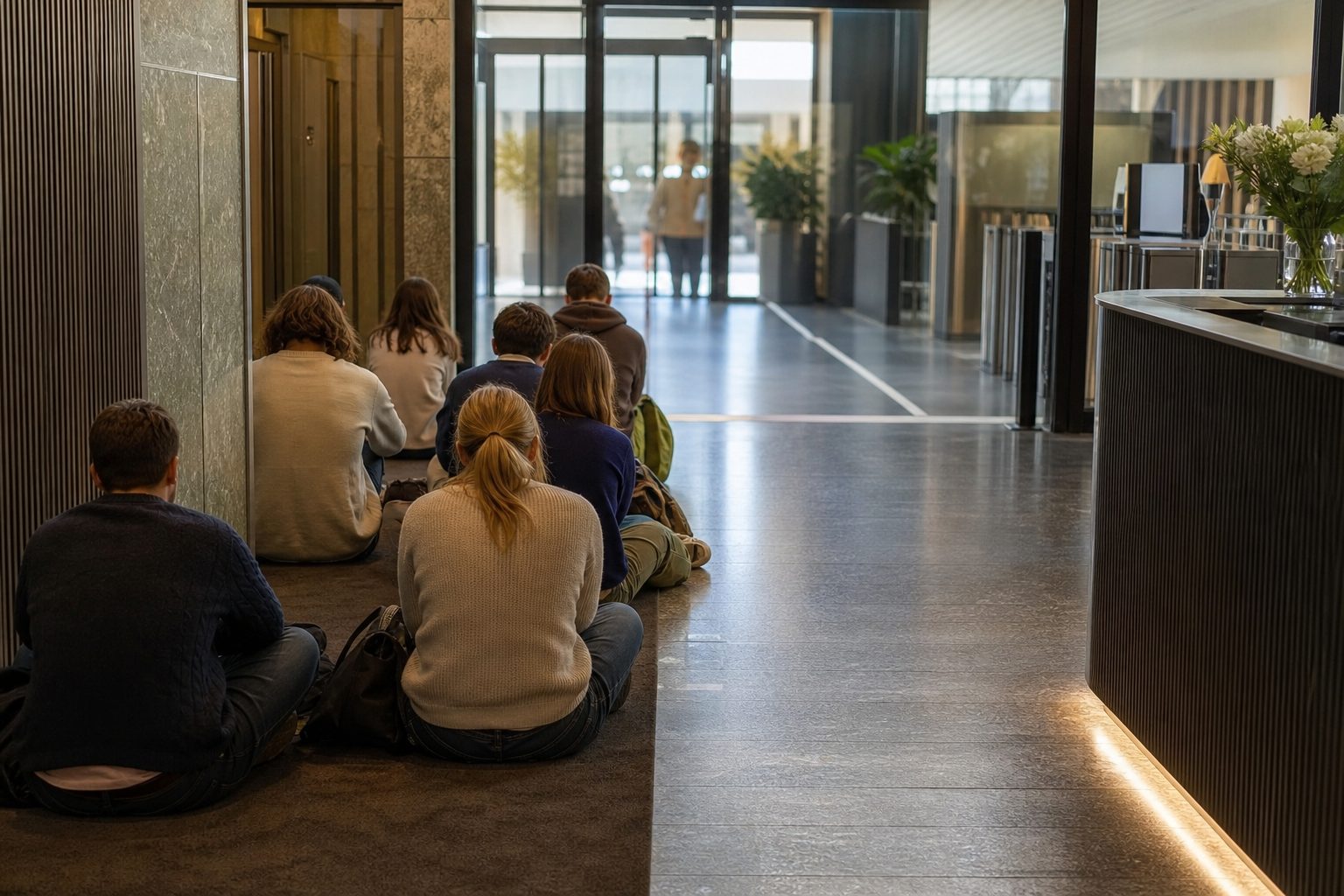 En gruppe unge voksne sitter rolig på gulvet ved inngangspartiet i en norsk departementsresepsjon, med fri passasje ved siden av.