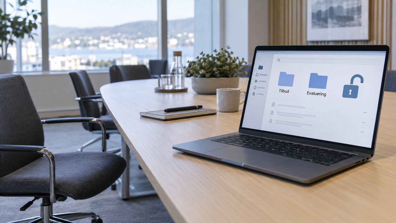 Tomt møterom med laptop som viser tilgang til tilbud og evalueringer.