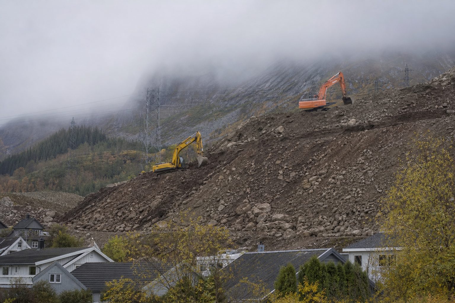En bratt fjellside over et lite boligfelt i en vestnorsk bygd, der gravemaskiner bygger en høy jordvoll av stein og morene.