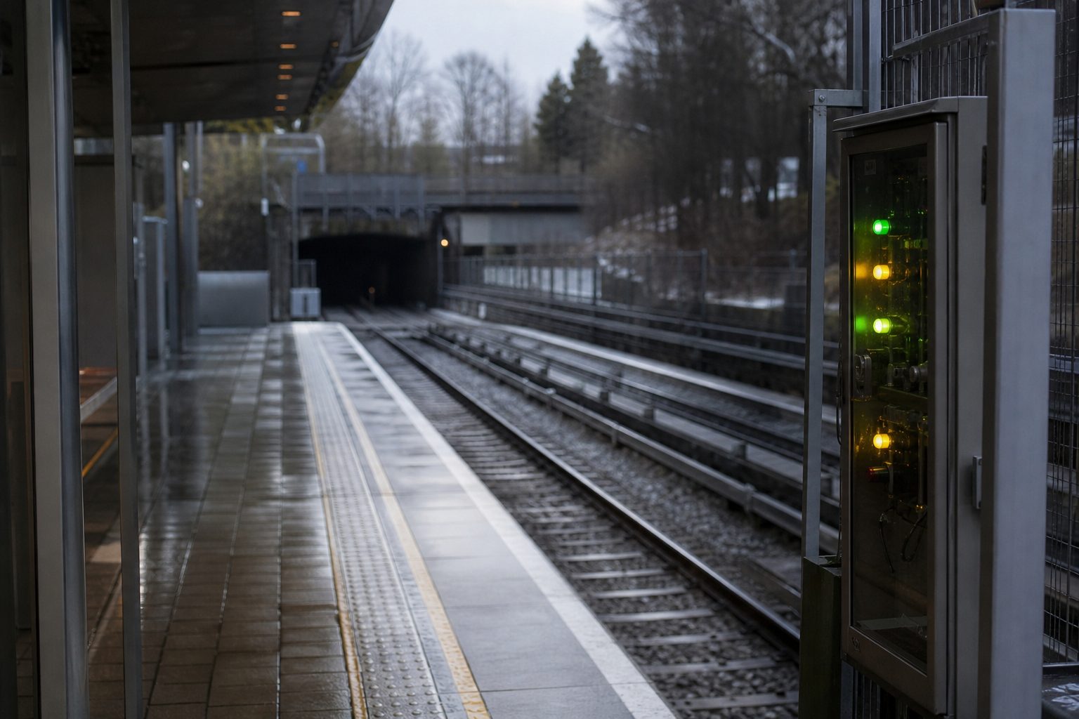 En t-banestasjon i Oslo en grå morgen.