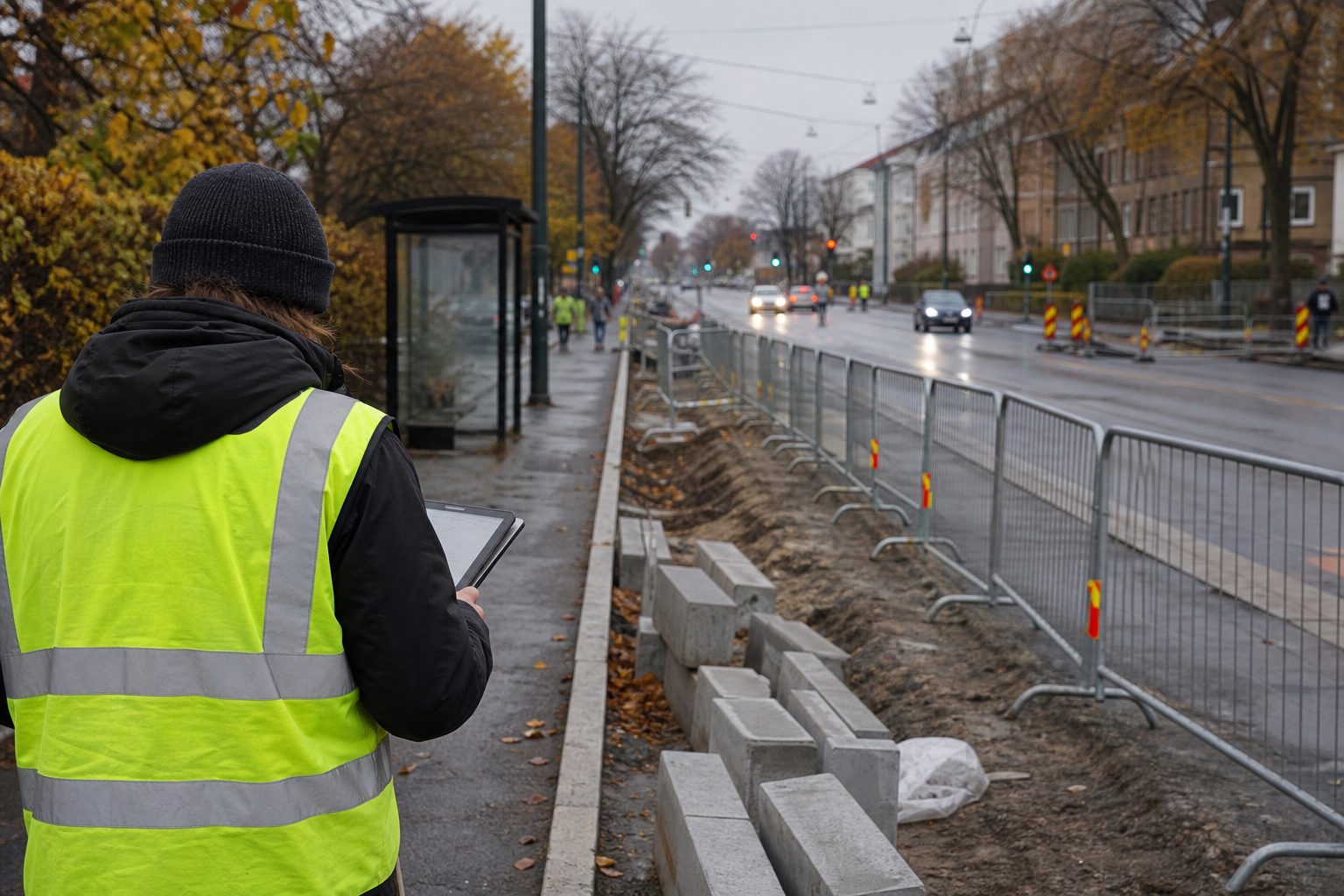 En holdeplass langs en bygate i Trondheim en grå høstdag, med sperregjerder og nytt fortauskantstein klar til montering.