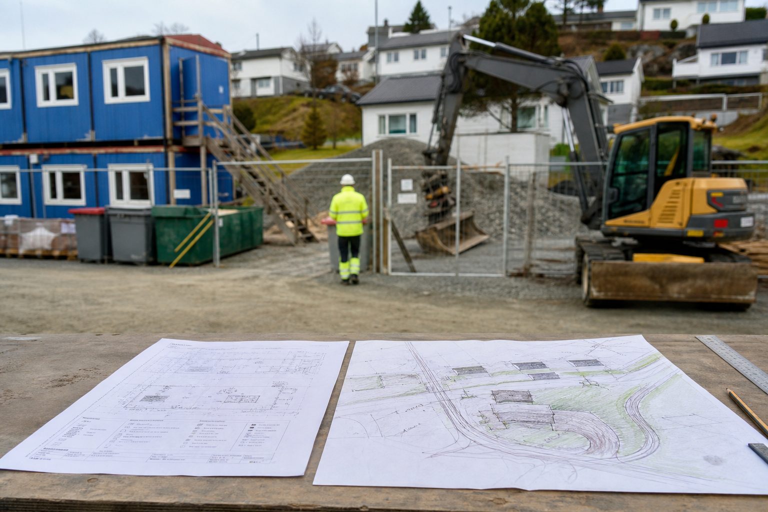 En byggeplass i et norsk boligfelt tidlig i byggefasen, med brakkerigg, avfallscontainere og en gravemaskin parkert ved porten i byggegjerdet.