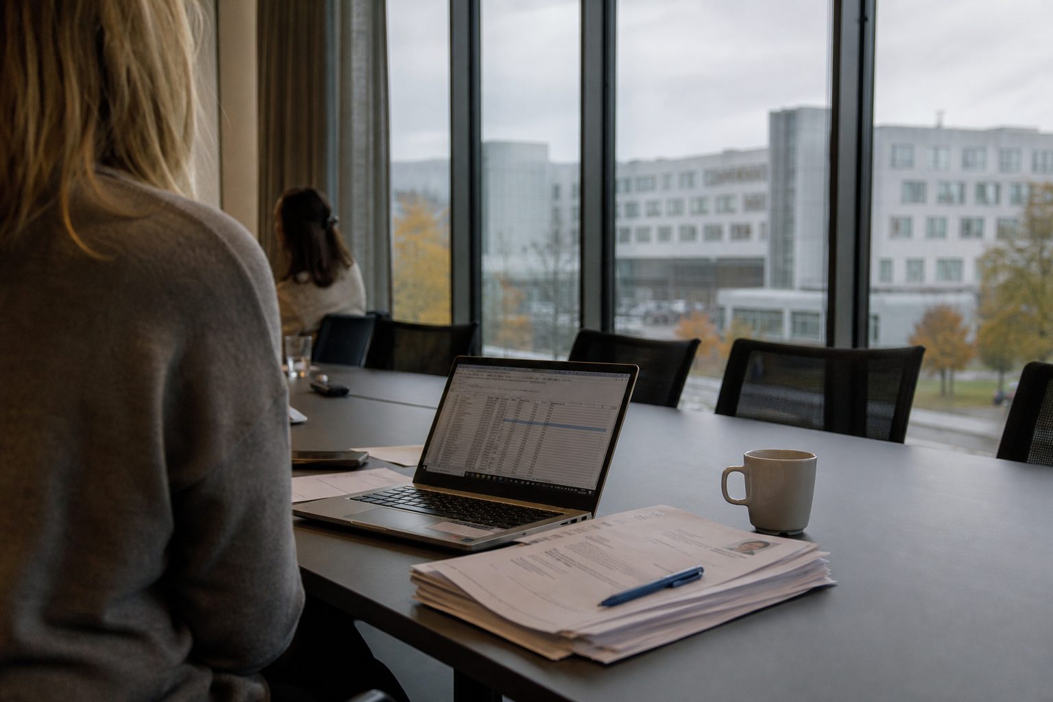 Et møterom på et norsk sykehuskontor der en bærbar PC står åpen med et regneark, ved siden av en bunke utskrevne CV-er og en kaffekopp.