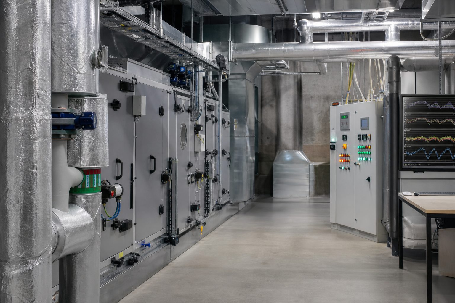Et teknisk rom i et norsk helsehus med ventilasjonsaggregater og rør.