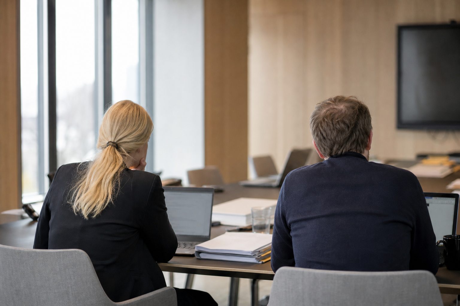 Et møterom i et norsk offentlig kontorbygg, med to rådgivere sett bakfra ved et bord med bærbare datamaskiner og dokumentmapper.