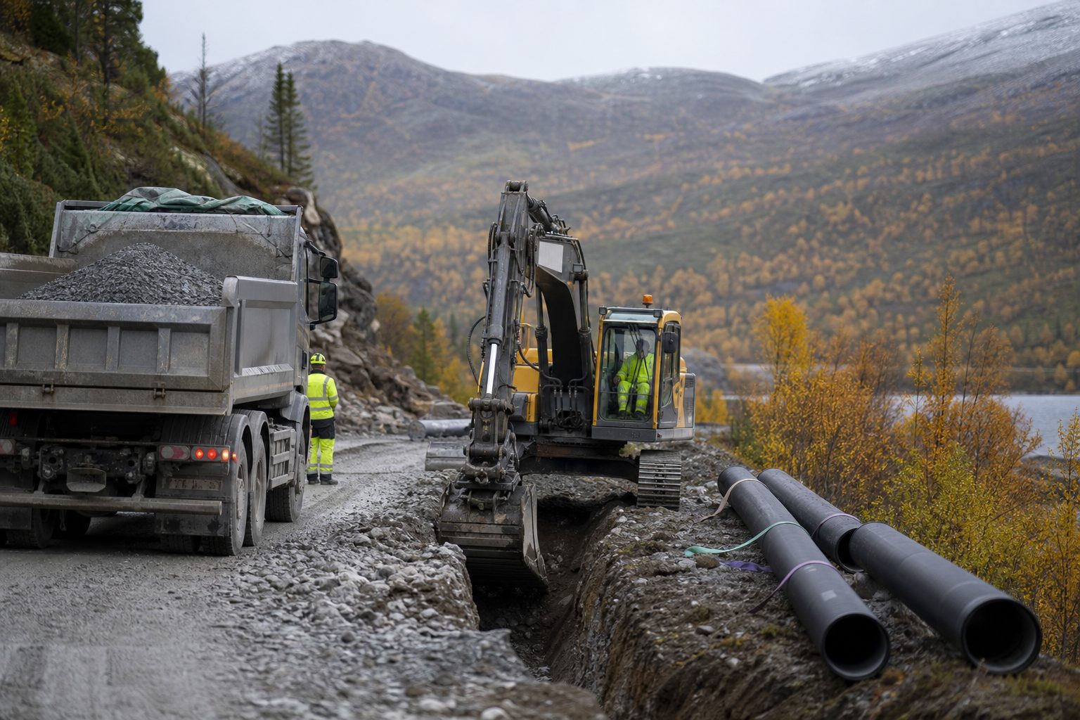 En gravemaskin graver en grøft for vann- og avløpsrør langs en grusvei i et norsk fjellbygdlandskap om høsten.