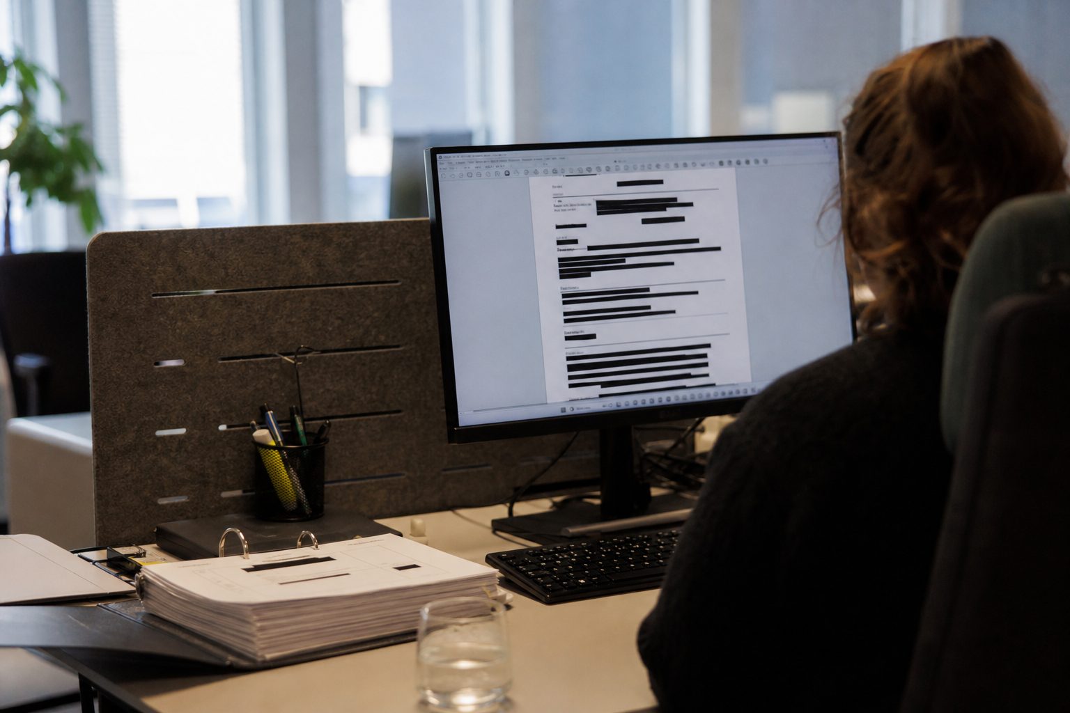 En saksbehandler sitter ved en skjerm på et norsk kommunekontor.
