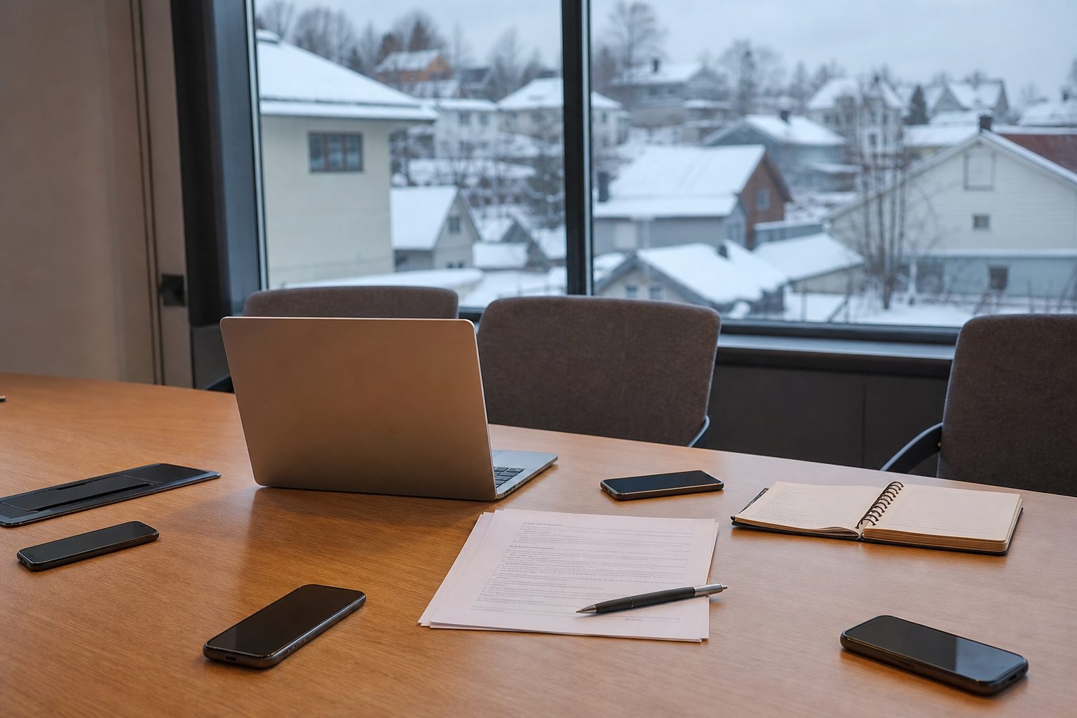 Et møtebord på et kommunalt kontor i Norge med flere mobiltelefoner, en bærbar PC og en utskrevet kontrakt med en kalender ved siden av.