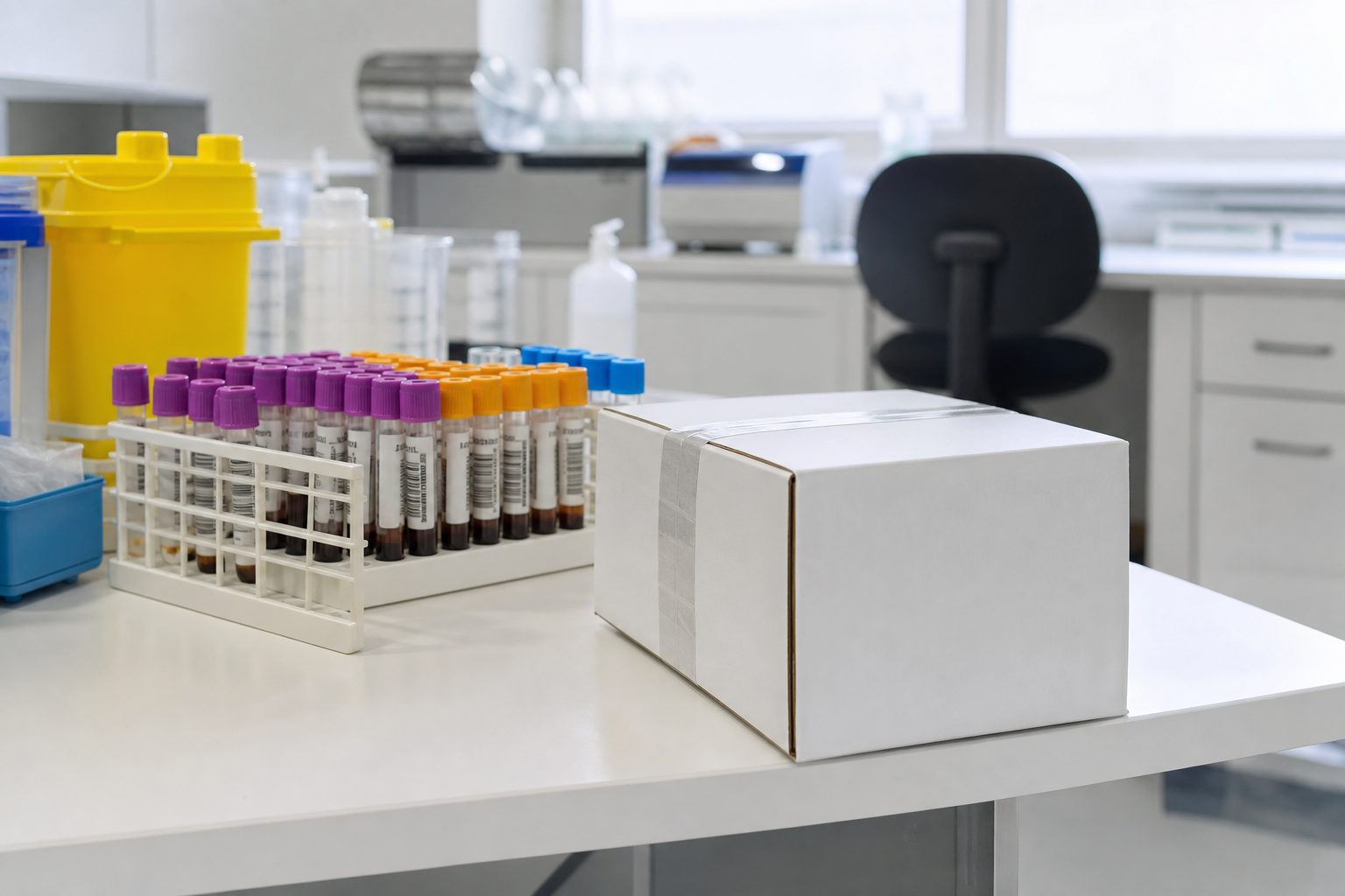 Et laboratoriebord i en norsk privatklinikk med merkede blodprøverør og en liten forsendelseseske klar til sending.