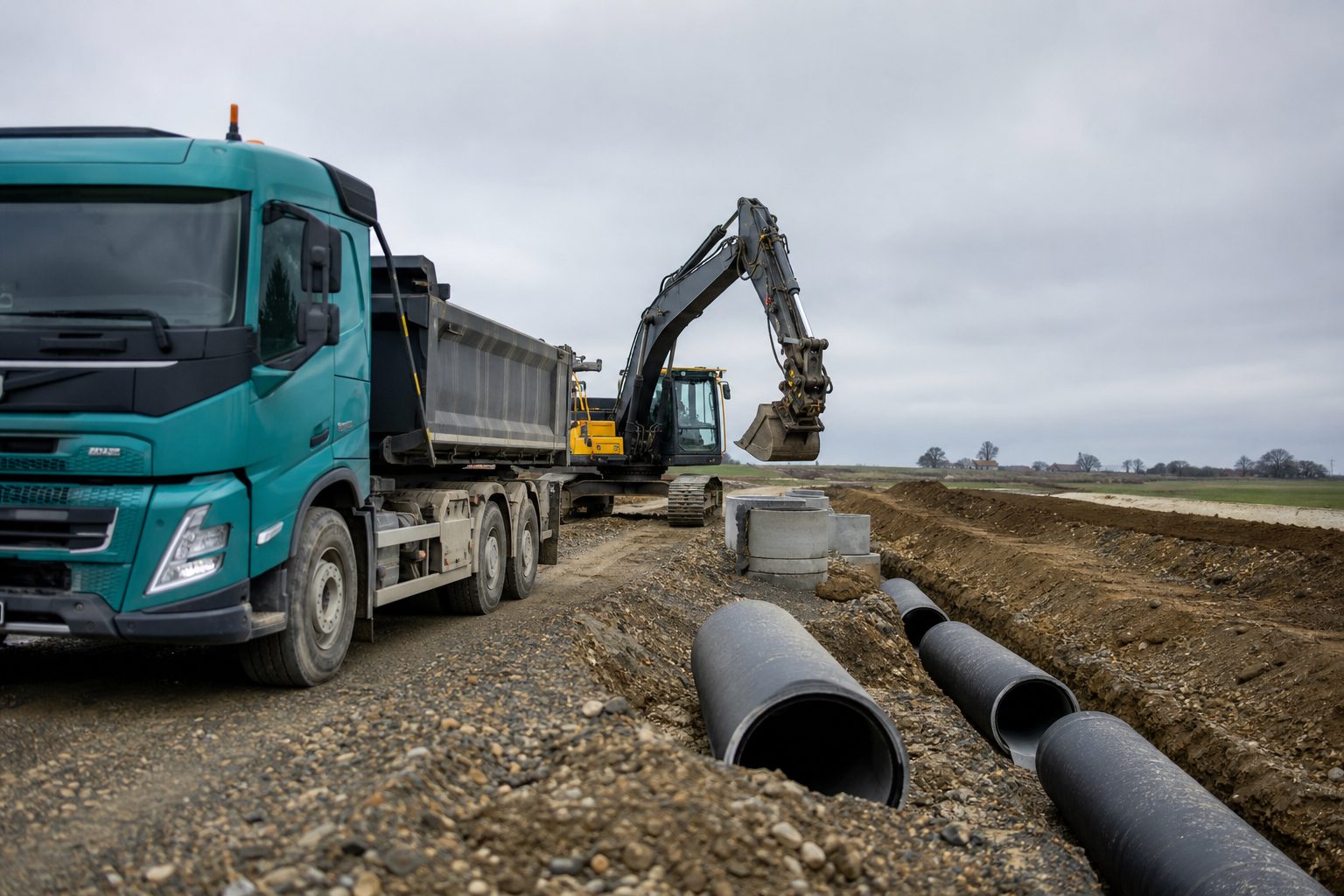 En batterielektrisk lastebil står parkert ved siden av en gravemaskin på et kommunalt anleggsområde på Jæren, med nye VA-rør liggende langs en åpen grøft.