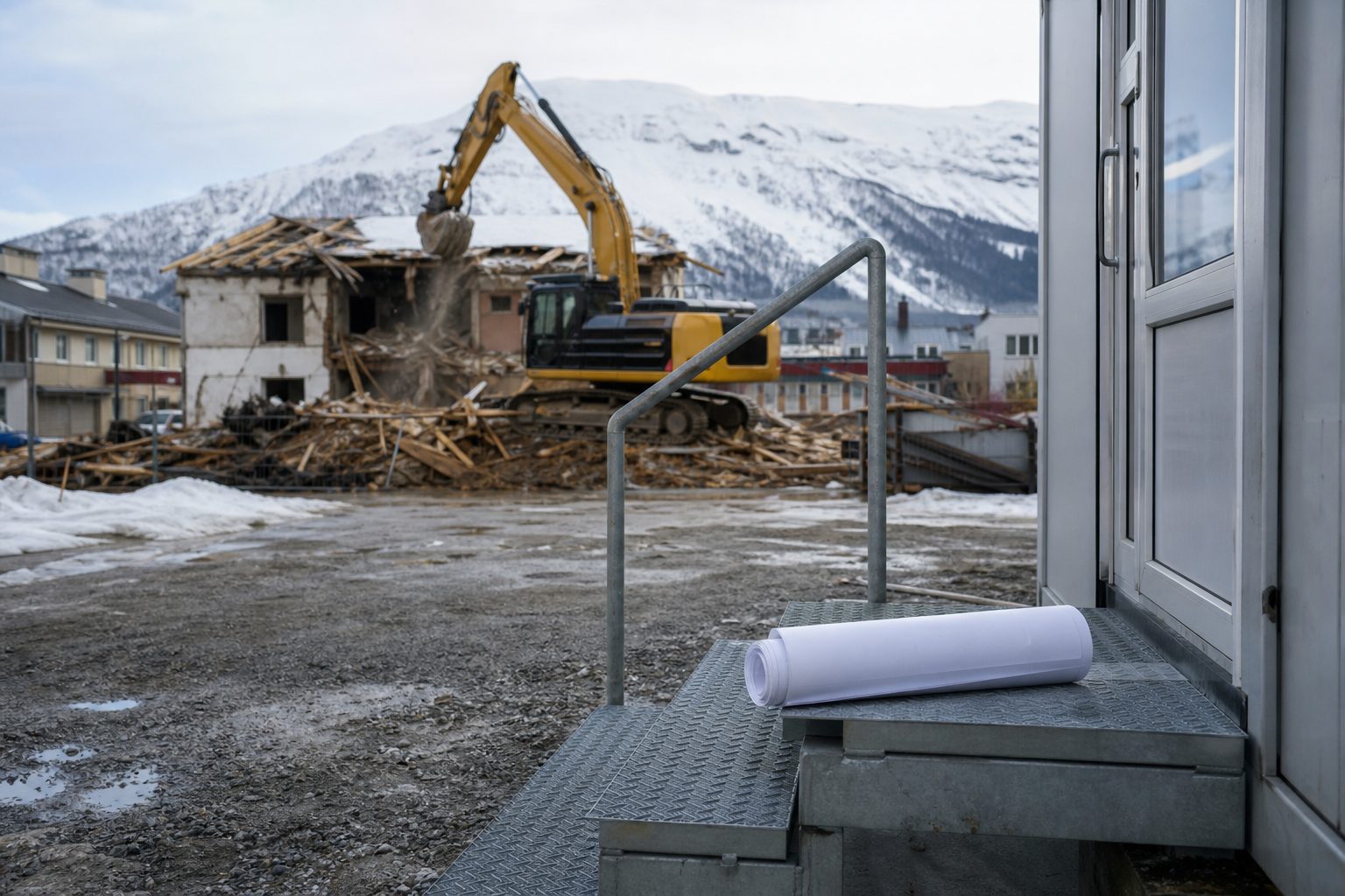 En byggetomt i sentrum av en norsk bygd med snødekte fjell i bakgrunnen, der en gravemaskin river et gammelt, lavt bygg.