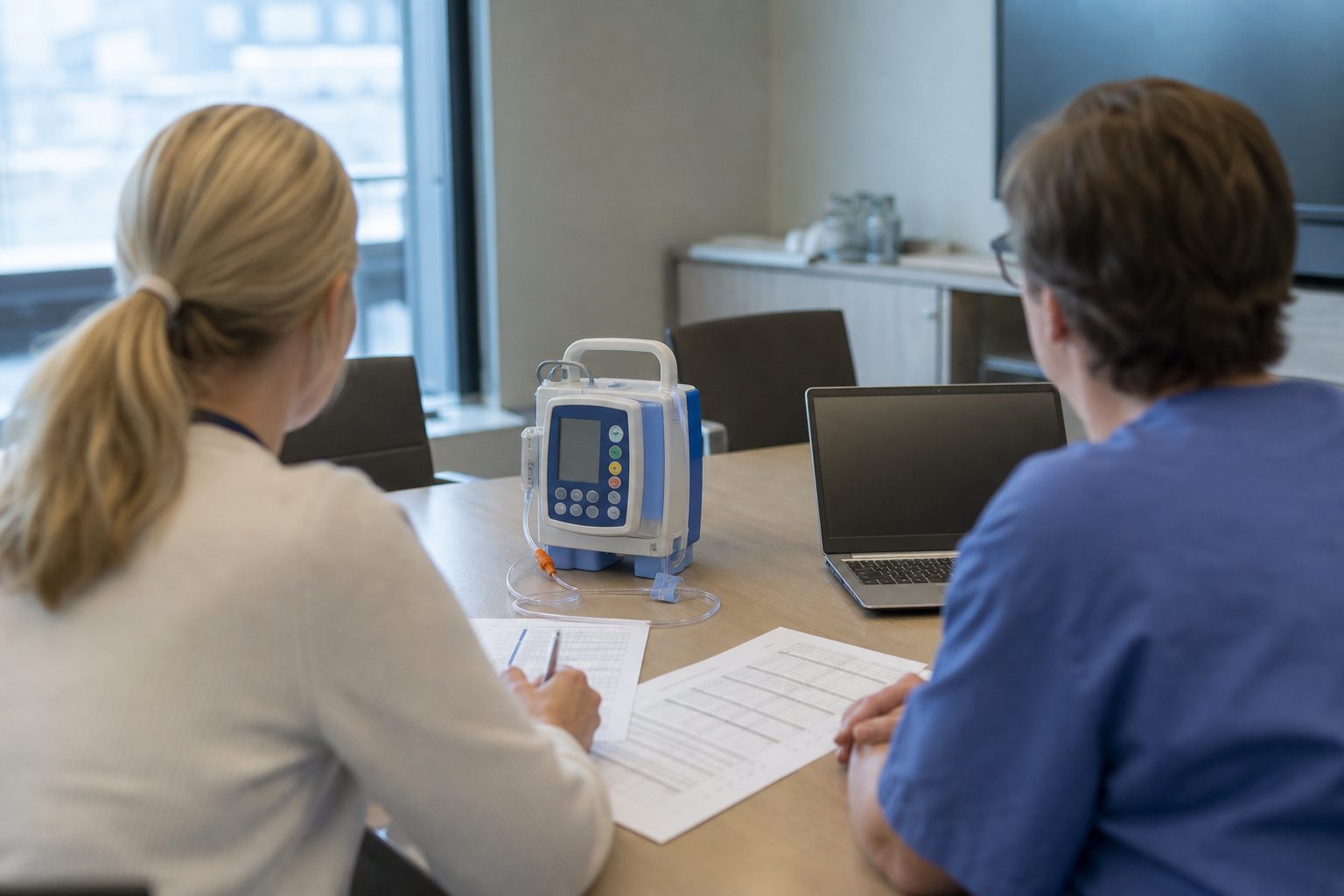 Et møterom på et norsk sykehus der en innkjøper og en klinisk rådgiver har en infusjonspumpe, utskrevne kravspesifikasjoner og en bærbar PC liggende på bordet.