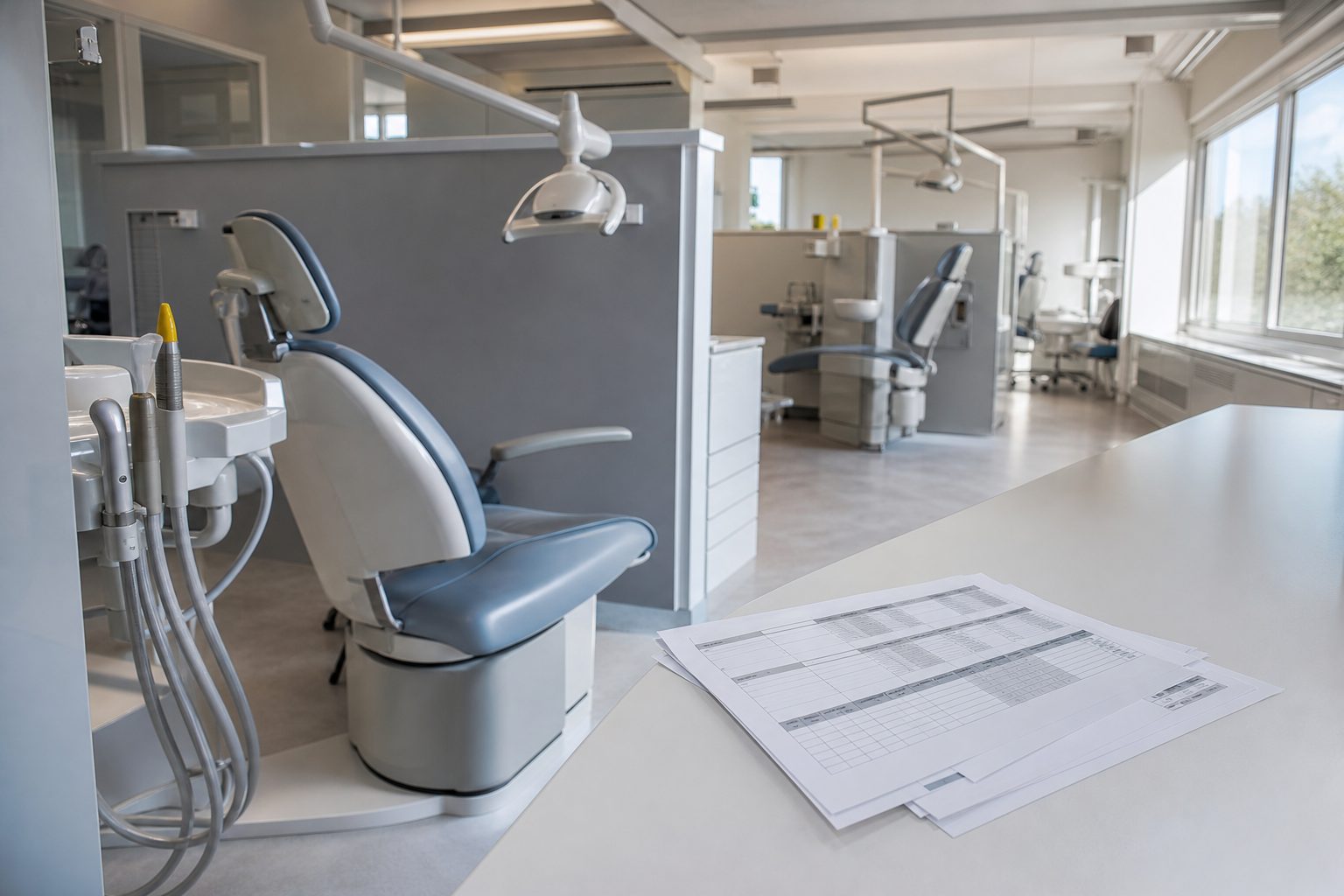 Et tomt behandlingsrom på en norsk universitetstannklinikk med flere tannlegestoler på rad, lampene slått av.