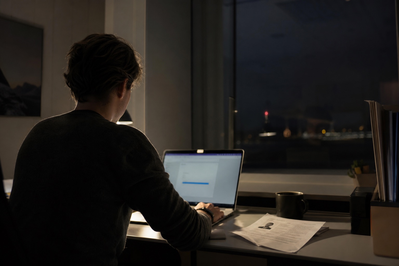 En konsulent sitter sent på kvelden ved en laptop på et lite kontor i Nord-Norge og laster opp dokumenter like før en frist.
