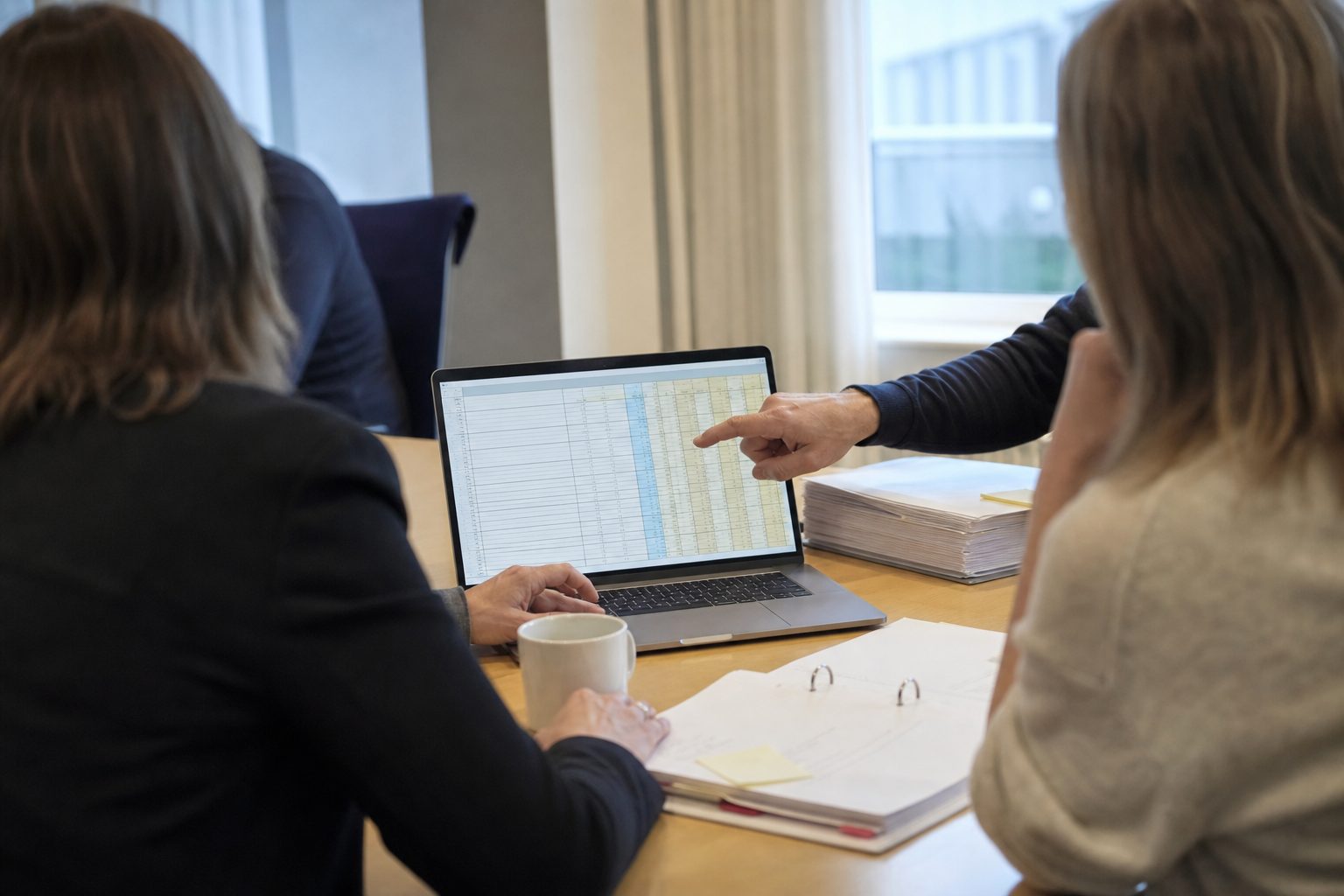 En evalueringsgruppe sitter rundt et møtebord i et norsk kommunalt kontor.