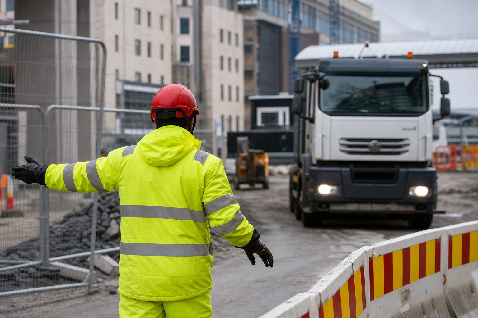 En trafikkvakt sett bakfra dirigerer en lastebil ved en avsperret byggeplass ved et sykehus i Oslo.