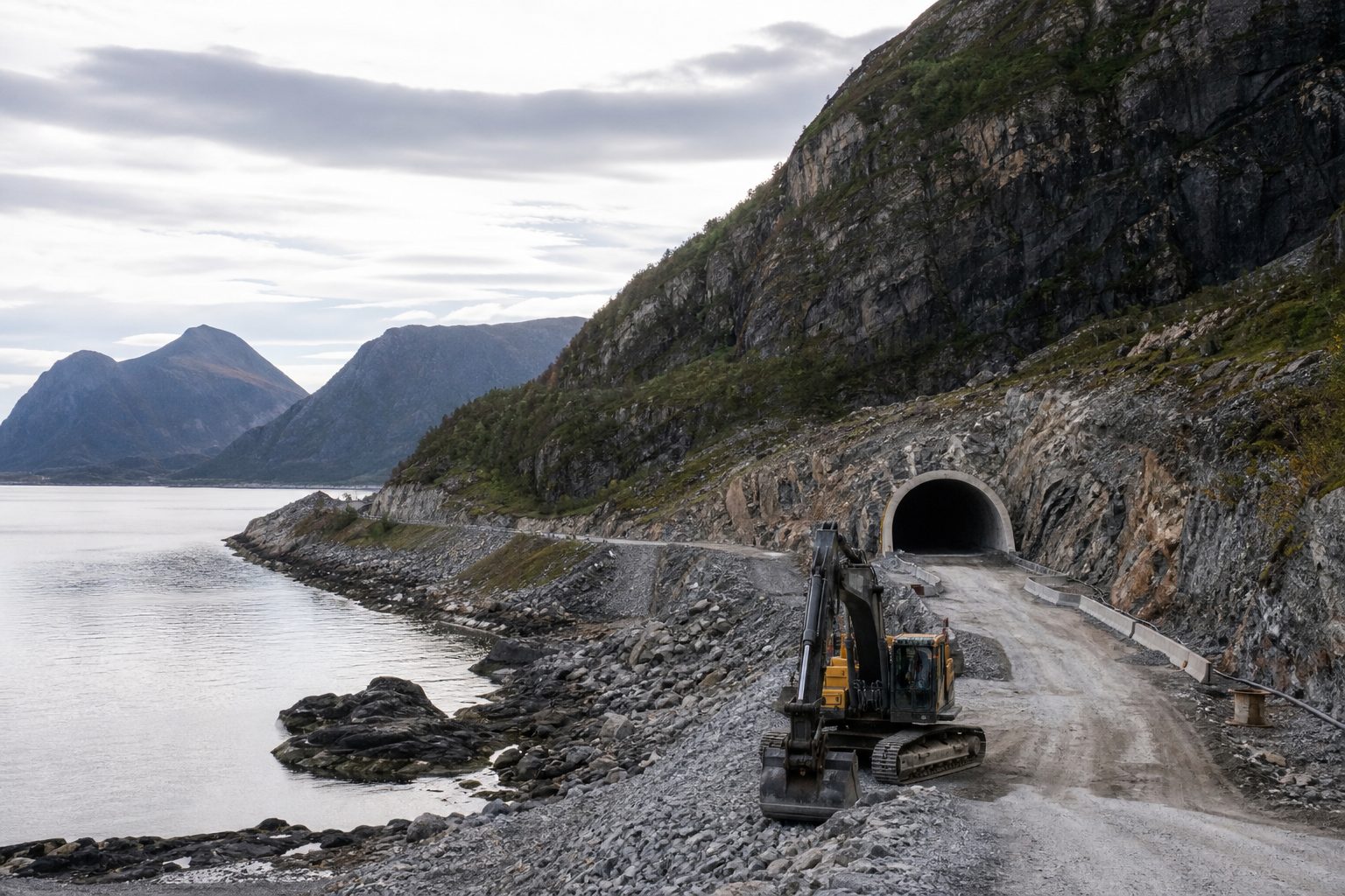 Et norsk veianlegg i et fjordlandskap i Nordland, med tunnelåpning, anleggsvei og en gravemaskin.