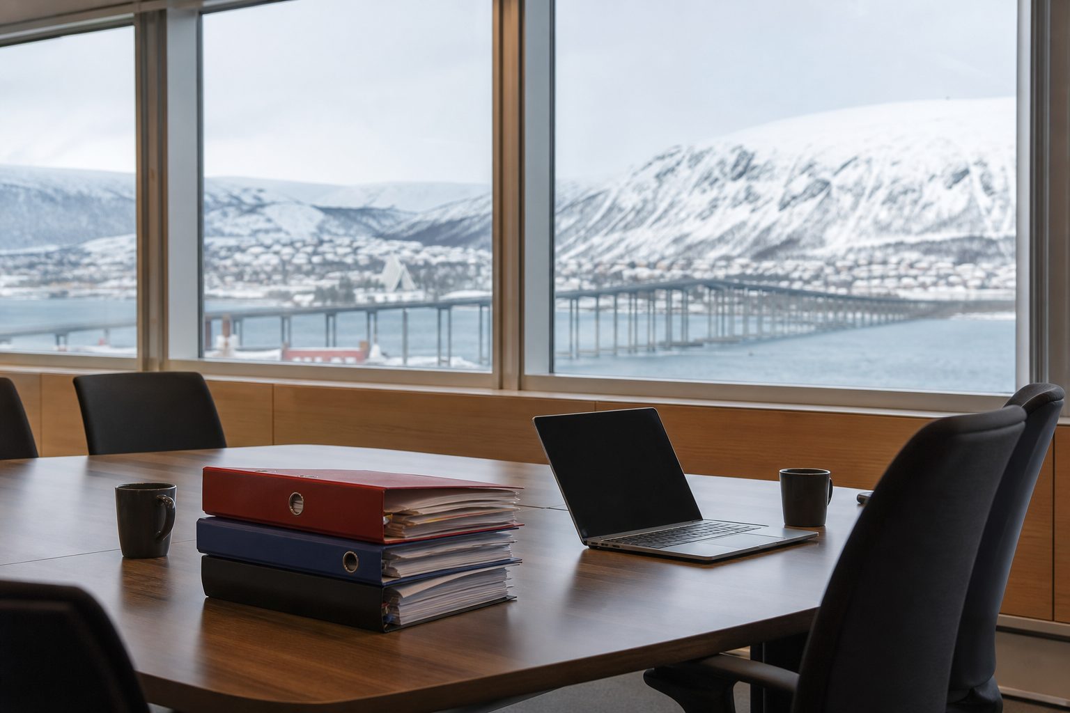 Et møterom i et kommunalt kontorbygg i Tromsø med utsikt mot Tromsøbrua og snødekte fjell.