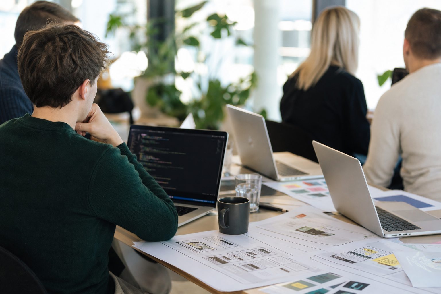 Et lyst kontorlandskap i et norsk digitalbyrå der et team sitter rundt et bord med bærbare PC-er og skisser av en nettside.