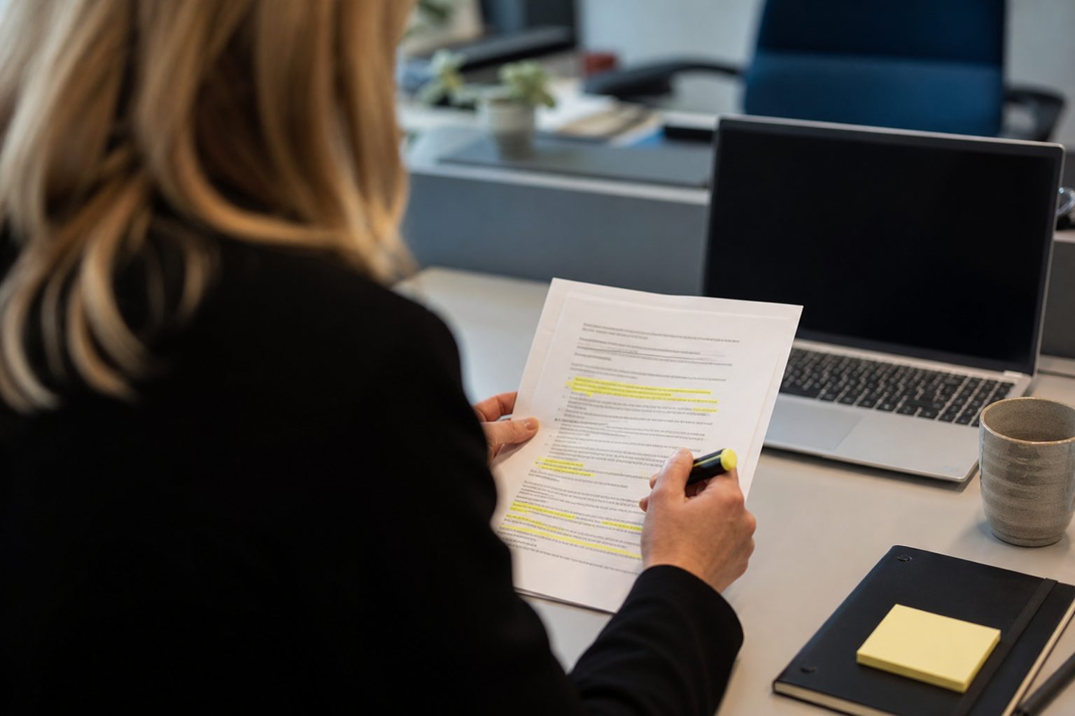 En innkjøper sitter ved et skrivebord på et norsk kommunekontor og går gjennom en utskrevet kravspesifikasjon med gule markeringer ved siden av en bærbar PC.