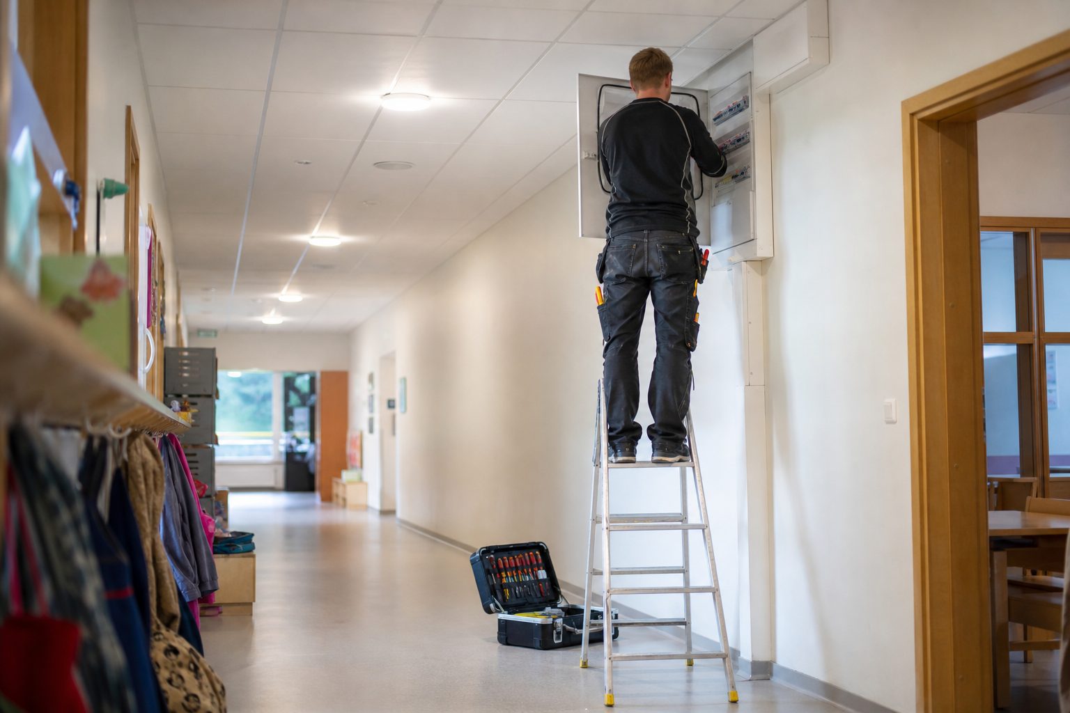 En elektriker i arbeidsklær står på en stige og skrur på et koblingsskap i en lys korridor på en norsk barneskole.