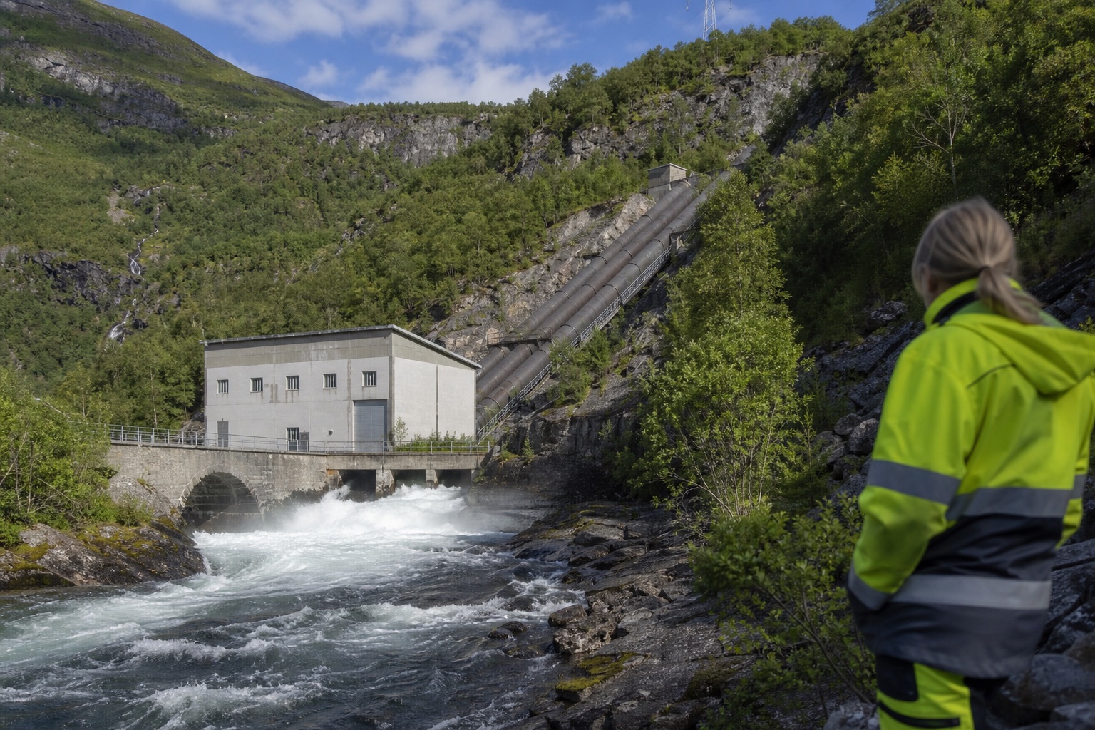 Et lite vannkraftverk ved en elv i et grønt fjellandskap: et enkelt kraftstasjonsbygg i betong, rør som går ned fjellsiden, fossende vann.