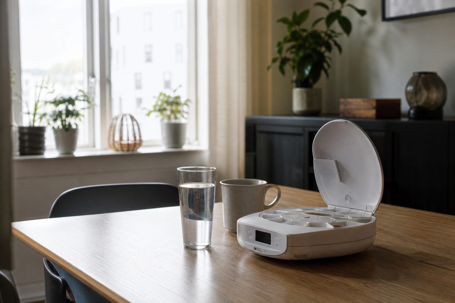 En elektronisk medisindispenser står på et kjøkkenbord i en norsk leilighet, ved siden av et vannglass og en kaffekopp.