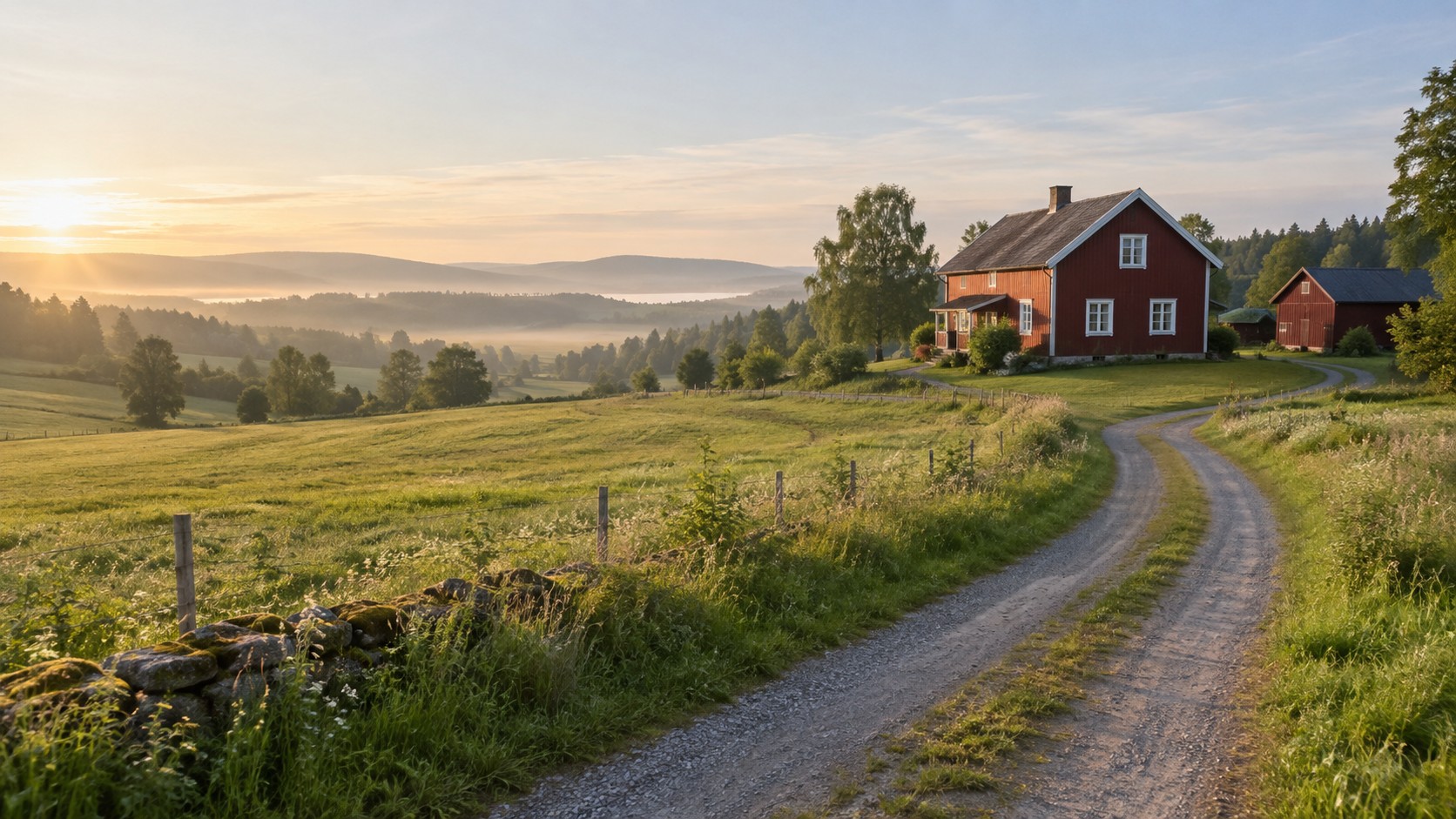 Rød gård i et grønt landskap med grusvei og mykt morgenlys.
