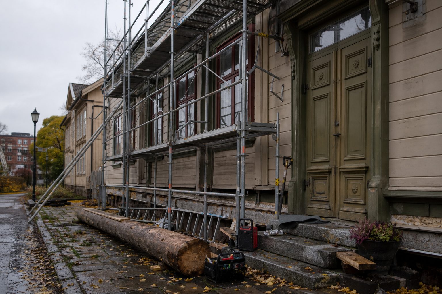 En eldre, fredet trebygning i Oslo med stillas langs fasaden en grå høstdag.