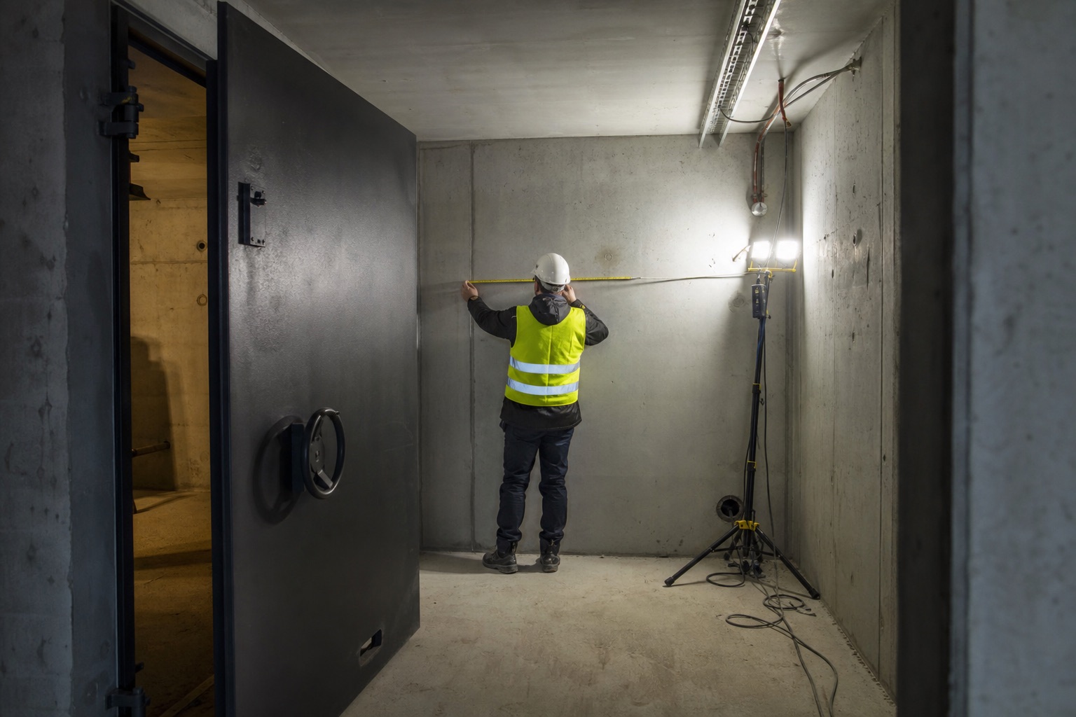 Et nesten ferdig tilfluktsrom i kjelleren under et nytt sykehjem: tykke grå betongvegger, en tung ståldør som står på gløtt, byggelys på stativ, en byggeleder i refleksvest sett ba