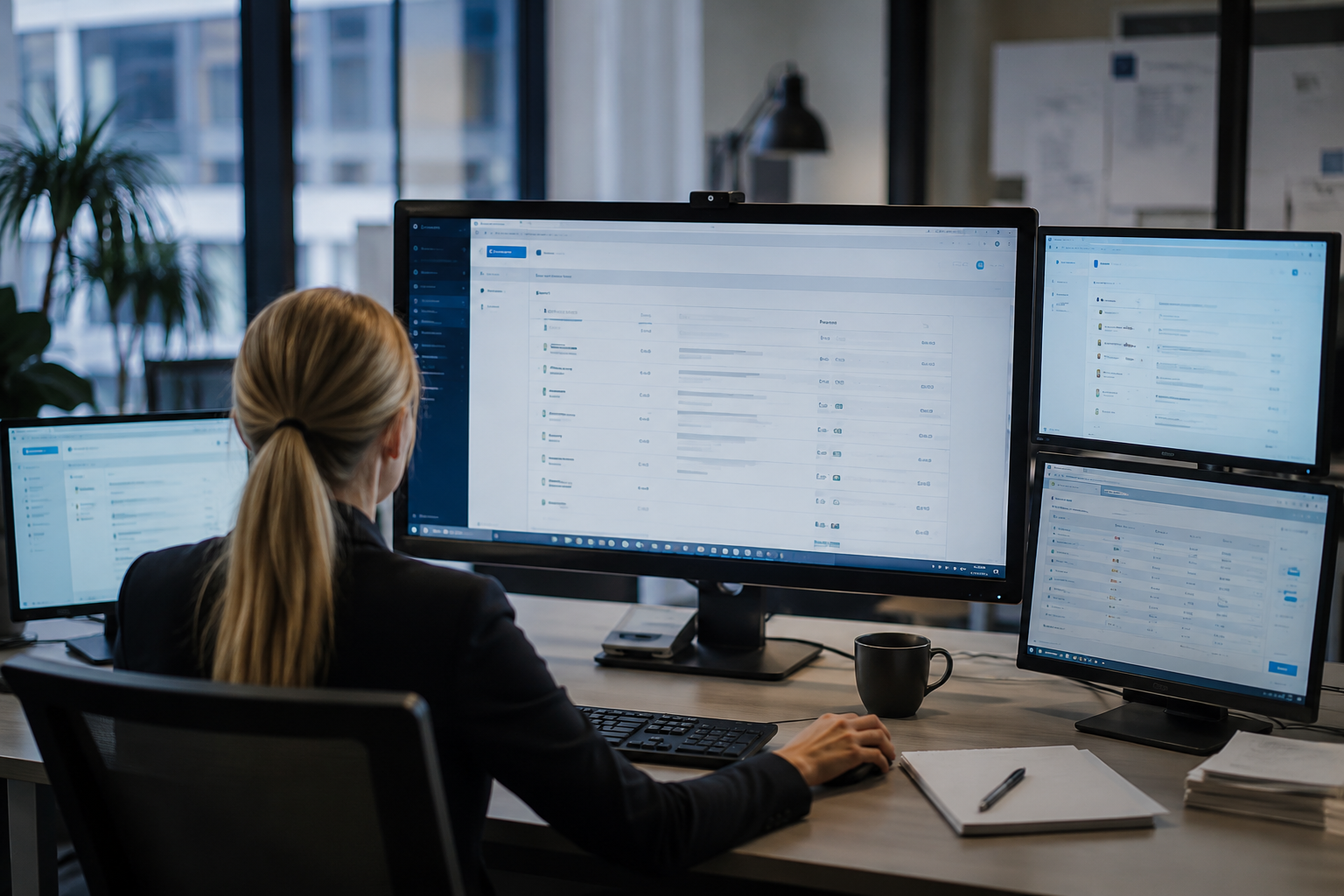 Arbeidsplass med flere skjermer som viser digitale konkurransegjennomføringsverktøy